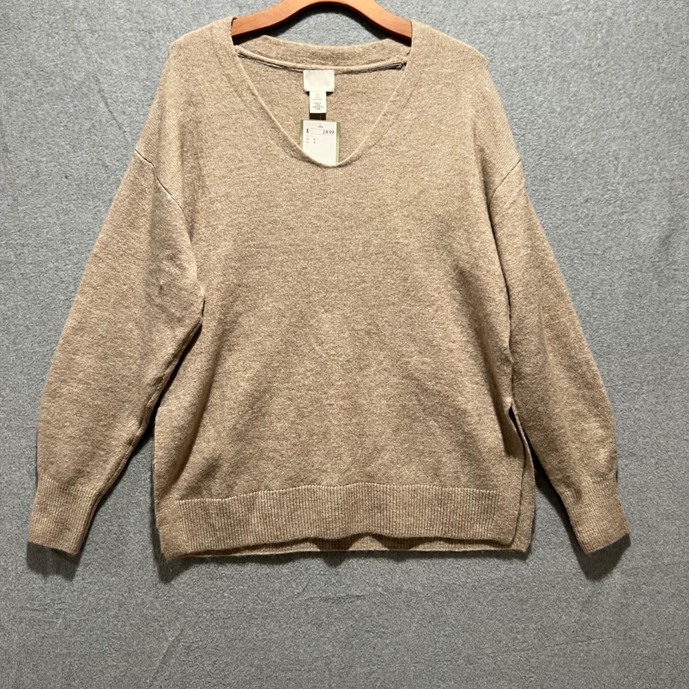 H&M Womens Beige V-Neck Oversized Knit Sweater Side Slits Size S NEW hobo